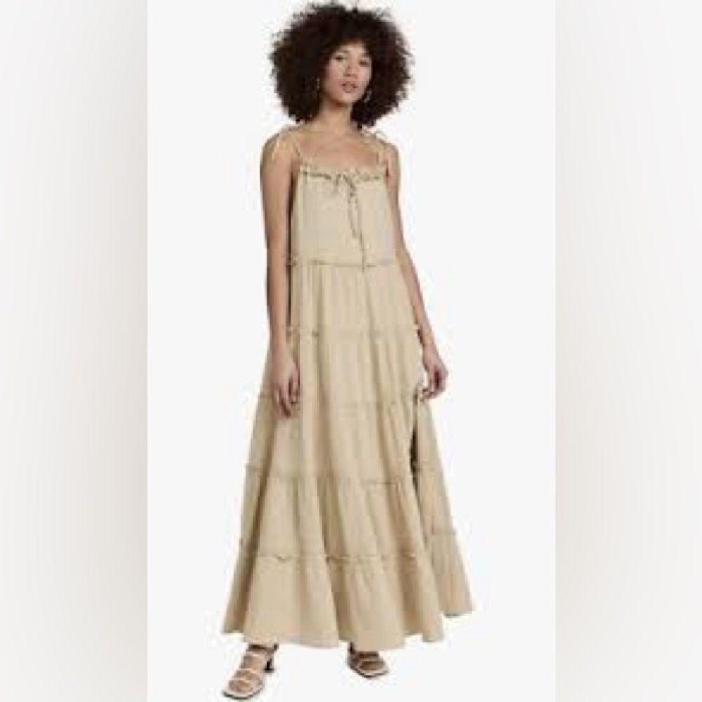 Charlie Holiday Beige Tiered Maxi with Tie Neck
